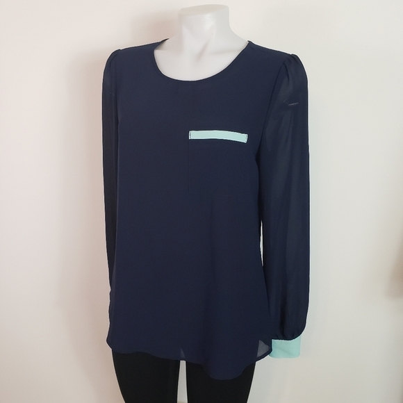 Forever 21 sheer navy button back long sleeve top mint trim size small - Picture 1 of 8